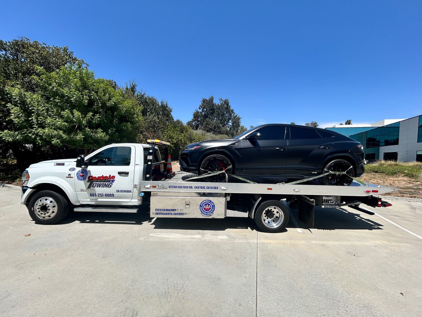 Vehicle loaded on a Castaic Towing flatbed